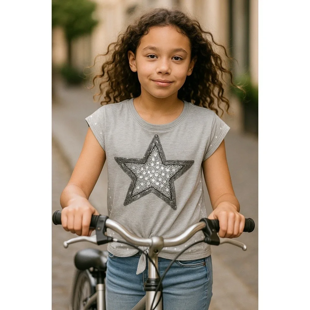 Girls Gray Canyon River Blues Sequins Star Tie Front‎ T Shirt Top Kids XL 18